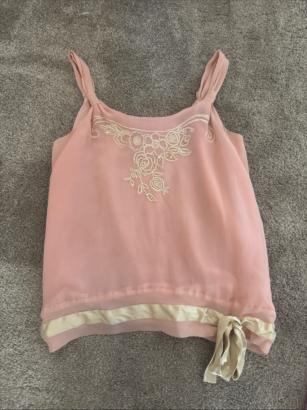 Guess Pink Chiffon Camisole with Cream Bow & Floral Embroidery